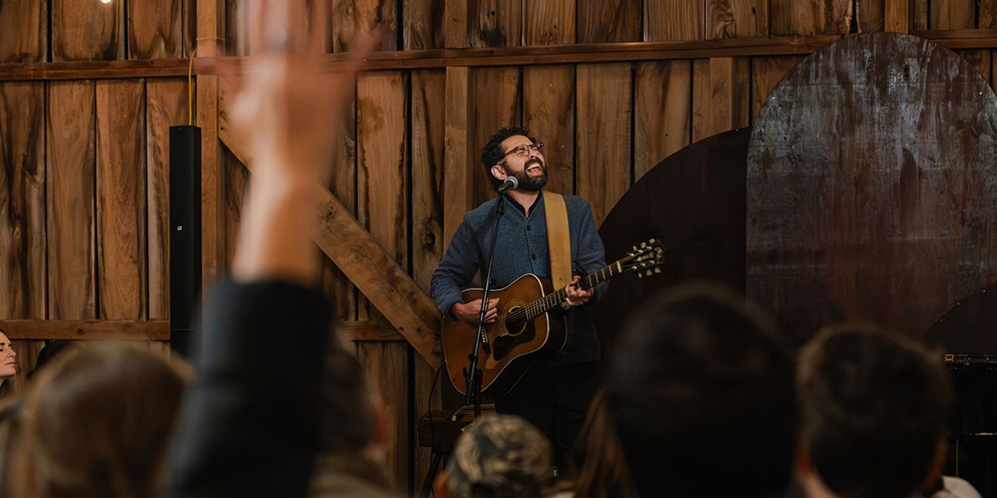 People gathered for an evening anniversary concert.
